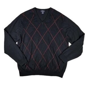 Brooks Brothers 346 Merino Wool V-Neck Sweater‎ Mens XL Black Argyle Pullover